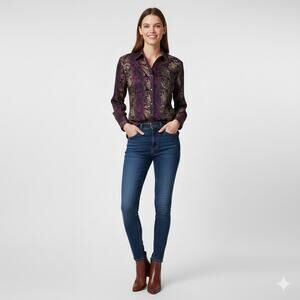 Etro Purple Green Tan Paisley 100% Cotton Button Down Top 41